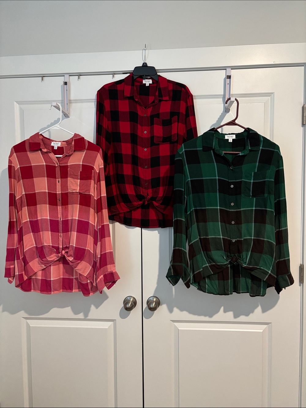 Set of 3 True Plaid Button-Front Ladies Shirts with Front Tie - Pink, Red, Green